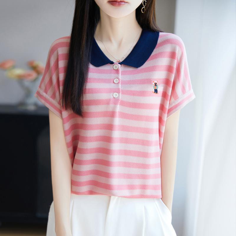 Women Knit T-shirt 100% Wool MODERN NEW SAGA Summer Knitted Shirt Short Sleeve Tees Turn-down Collar Patchwork Pullover Knit Tops