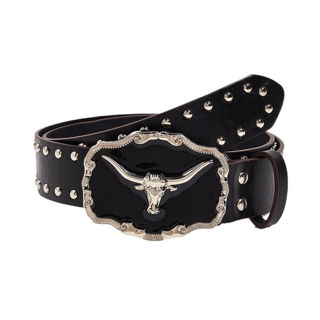 Waist Belt Engraved Buckle for Cowboy Cowgirl with Longhorn Vintage Belt Hot Girl WaistChain Studded Sexy Oversize Belt