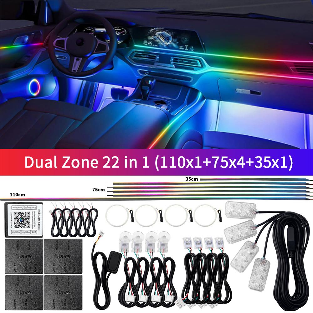 22 In 1 Dual Zone Car LED Ambient Light Symphony Rainbow Streamer Interior Acrylic Strip RGB 64 Color Neon Atmosphere Light 12V
