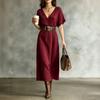 Women's Short Sleeve V-Neck Bohemian Cotton Linen Dress for Summer Casual Wear