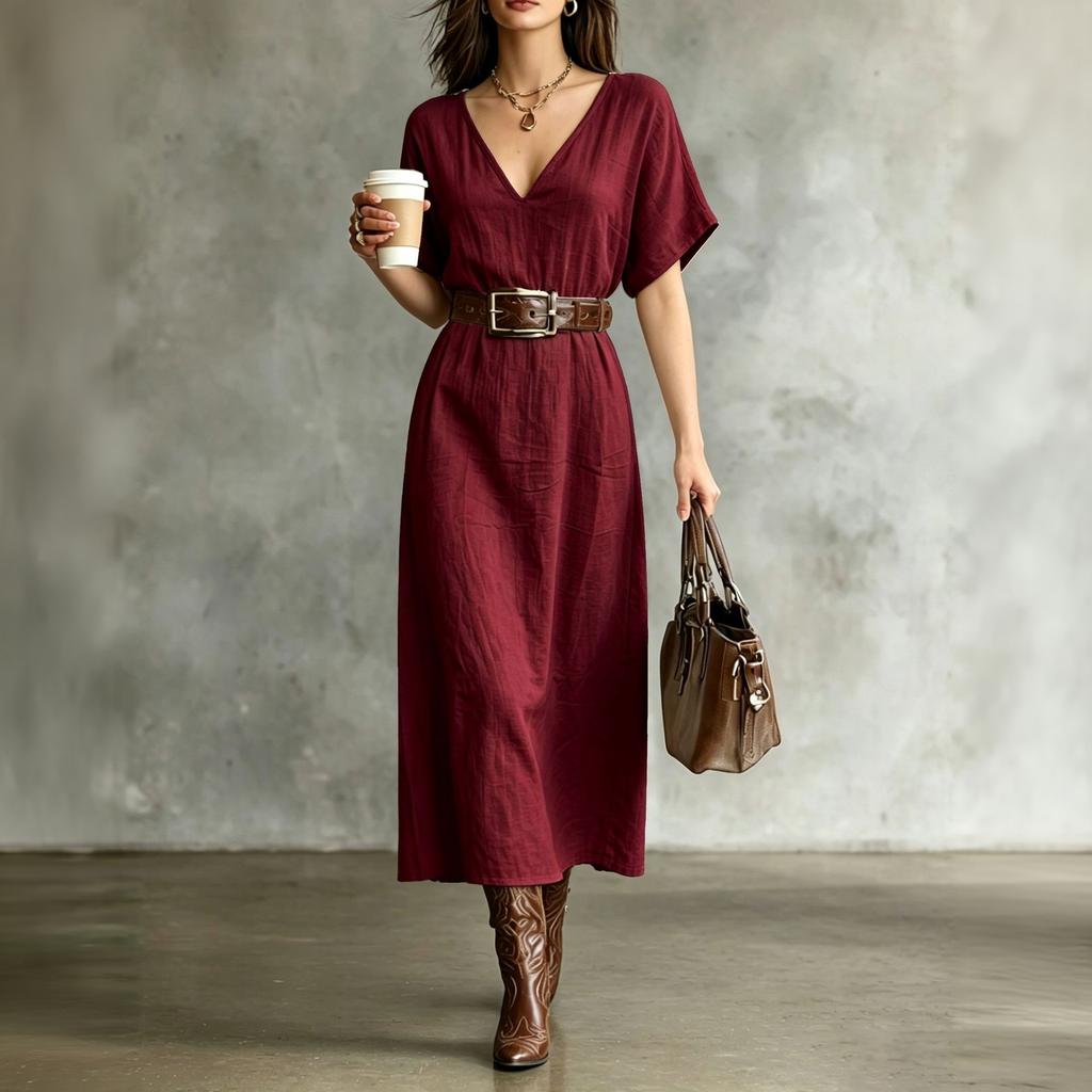 Women's Short Sleeve V-Neck Bohemian Cotton Linen Dress for Summer Casual Wear