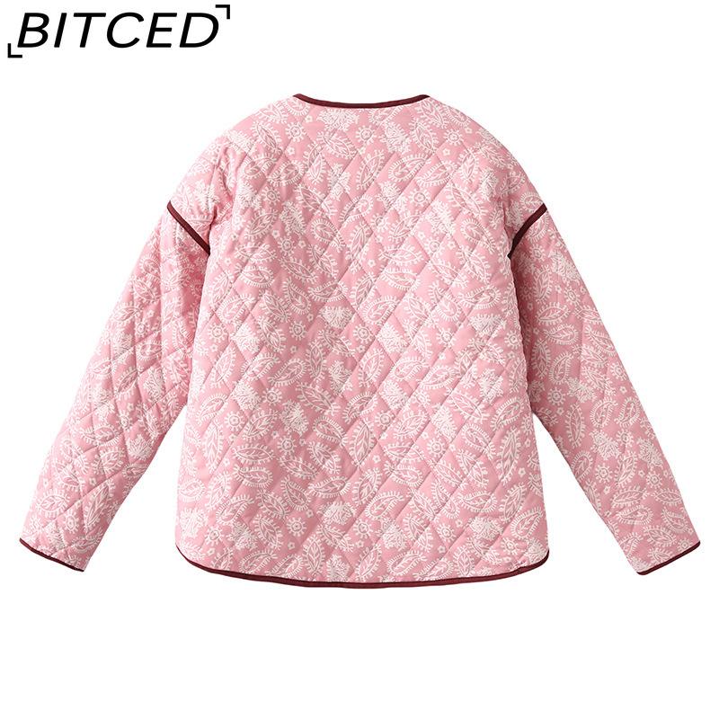 BITCED Women's Autumn/Winter Fashion Casual V-Neck Printed Quilted Cotton Patchwork Jacket