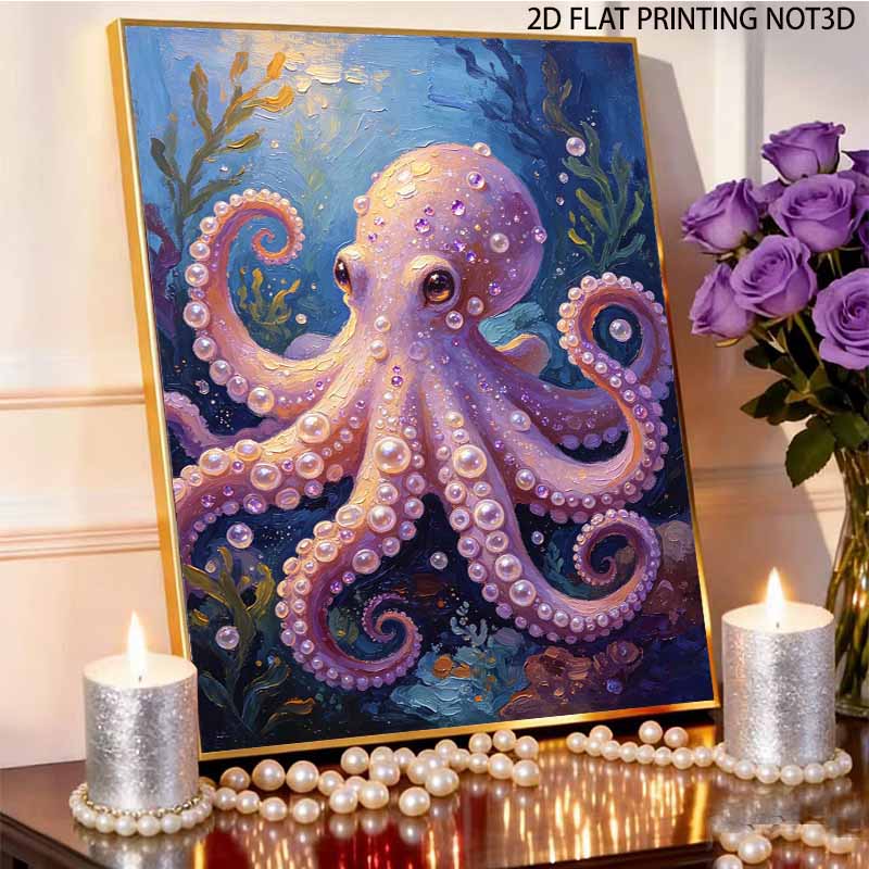 DIY Framed Pearl Bead Art Kit Ocean Octopus Sparkling Canvas Painting for Modern Room Wall Decor Gift for DIY Lovers Birthday Present