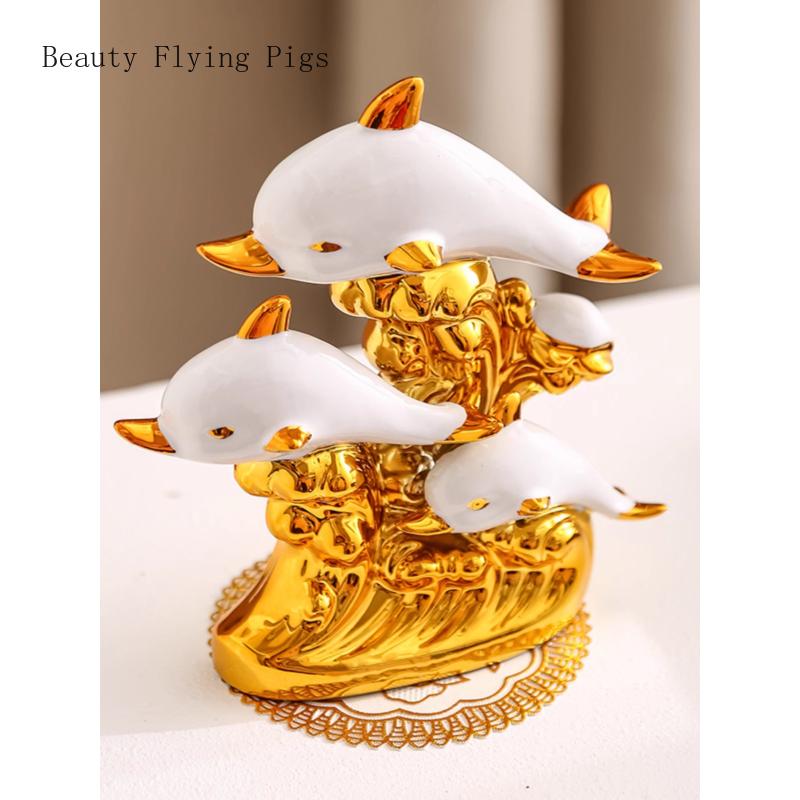 1PCS Handmade Ceramic Creative Dolphin Ornament Home Office Desktop Living Room Entrance Small Ornament