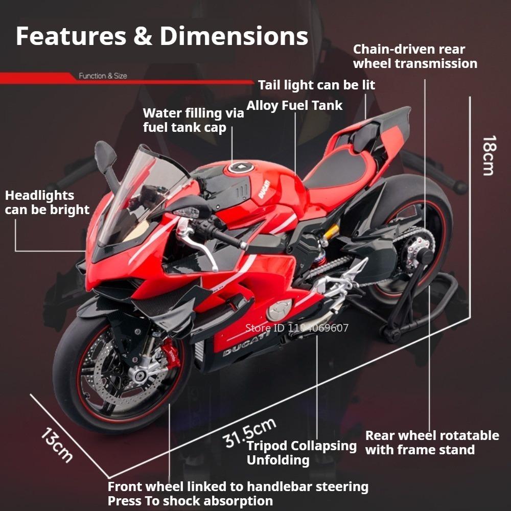 Large 1:7 Scale V4 V4R Motorcycle Model Toy Linkage Steering Shock Absorption Spray Motorbikes Sound Light Models for Kids Toys
