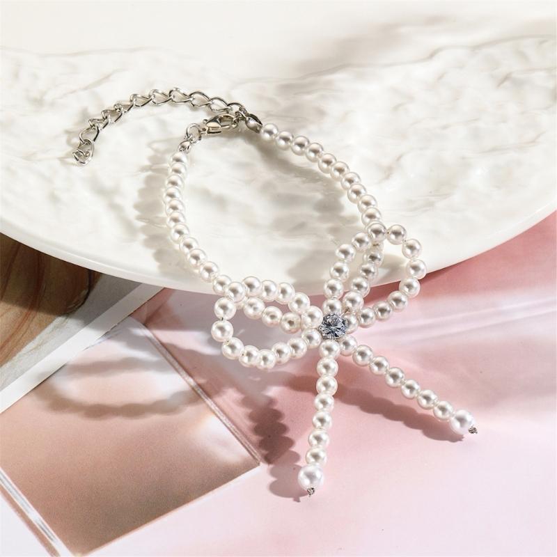 Fashionable Bowknot Pendant Bracelet/Earrings/Necklace Elegant Imitation Pearls Ornament Stylish Jewelry for Daily Wear