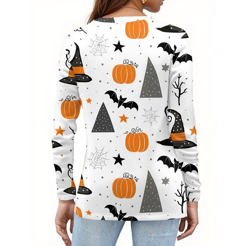 Women's Long Sleeve V Neck T Shirt Halloween Print Button Detail Casual Top Lightweight Soft Fabric Comfortable Fit