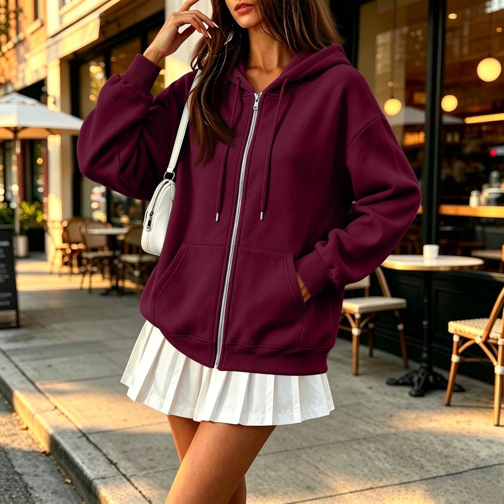 Women's Long Sleeve Color Hooded Loose Fit Zip-Up Jacket