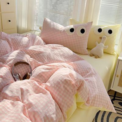 Washed Cotton Plaid Towel Embroidery Four-Piece Set, Bed Sheet Quilt Cover, Student Dormitory Three-Piece Set, Bedding Kit