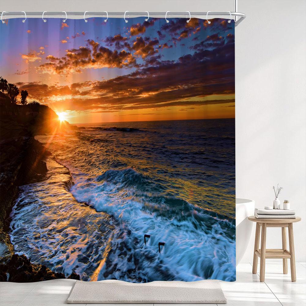 Dämmerung Sonnenuntergang Meeresstrand Außenlandschaft Duschvorhang Küsten Naturlandschaft Polyesterstoff Heim Badezimmer Vorhänge Badezimmer Dekor