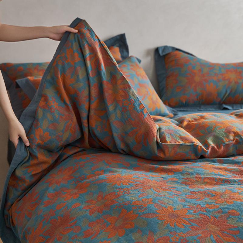 Retro Cotton Four-Piece Set: Yarn-Dyed Jacquard Bed Sheet & Duvet Cover for All Seasons