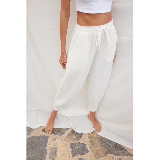 Pantaloni de jogging de damă, cu șireturi, cu talie elastică, amestec de in