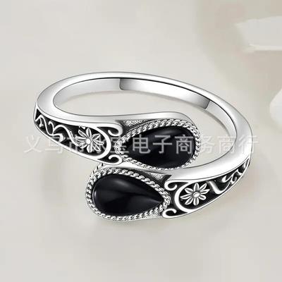 Moonstone Spoon Ring Black Agate Victorian Vintage Embossed Texture Bohemian Index Finger Ring