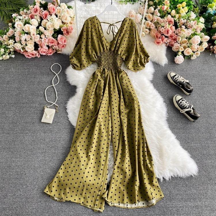 Sexy Waist Slim Jumpsuit with Dolman Sleeves Polka Dot Print Wide Leg Trousers Neck Design