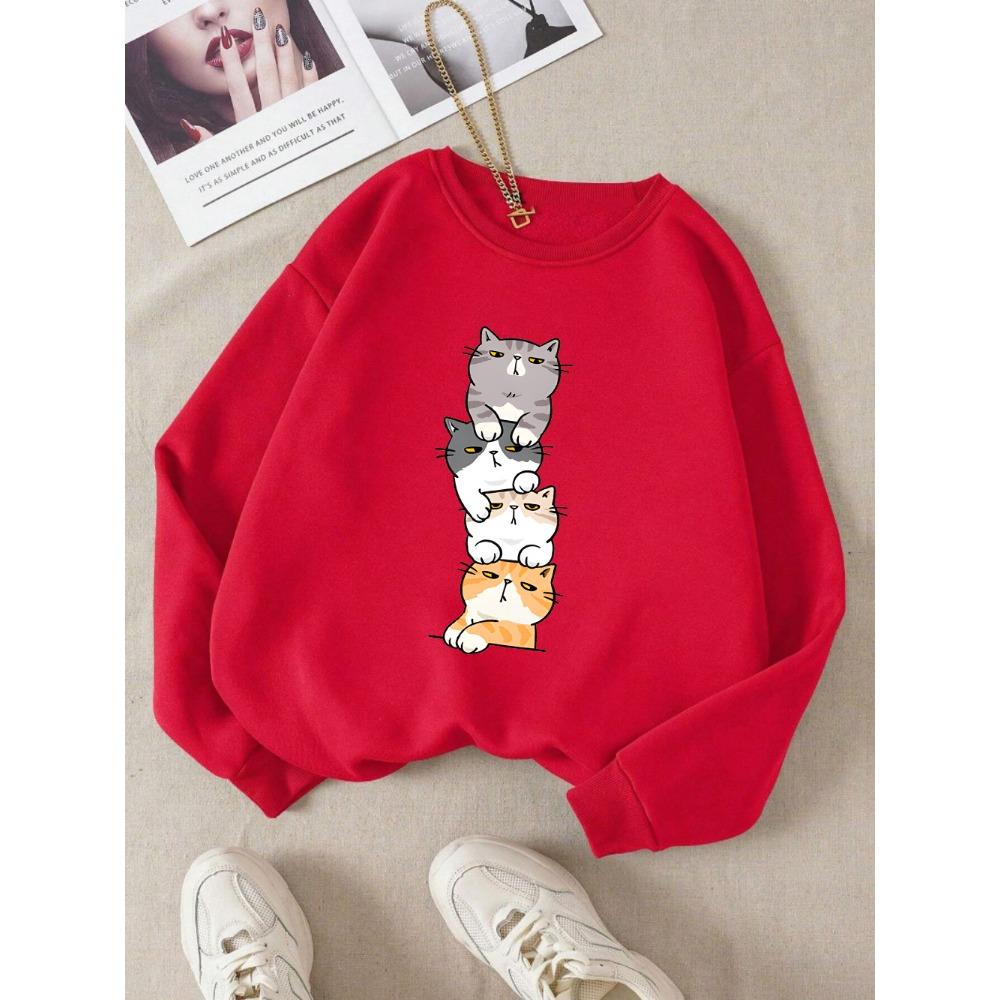 2025 Four Cats Playing On Top of Each Other Prints Hoodie Women Autumn Winter Sweatshirt Basics Pullover Casual Women Clothes