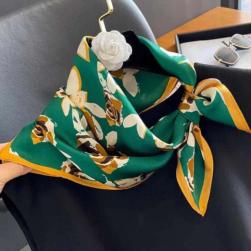 Natural Real Silk Scarf Women New Print Neck Hairband Square Shawl Neckerchief Female Hijab Poncho Bandana Headband