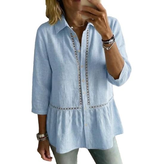 

Women Shirt Lapel 3/4 Sleeves Buttons Placket Shirt Tops Webbing Edges Ruffle Hem Commuting Style Tops XXL светло-синий