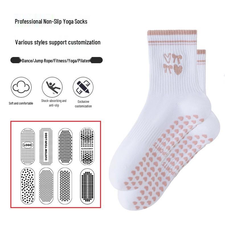Women's Mid-Calf Non-Slip Yoga Socks with Bow and Heart Embroidery