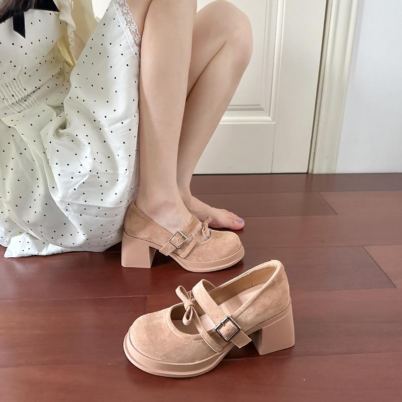 Suede high-heeled Mary Jane shoes women's retro bow high-heeled shoes round head shallow mouth one-word buckle belt thick-heeled single shoes women
