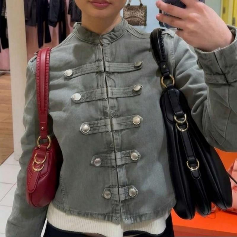 Military Style Napoleon Denim Jacket Slim Fit Long Sleeve Zip Up Fall 2026 Streetwear Y2K Girls