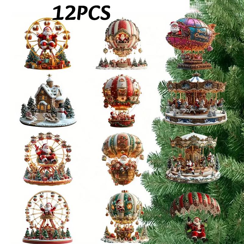 

12/24PC 2D Christmas Wooden Hot Air Balloon Santa Claus Acrylic Hanging 2D Flat Wooden Pendant Room Wall Home Decor Holiday Gift