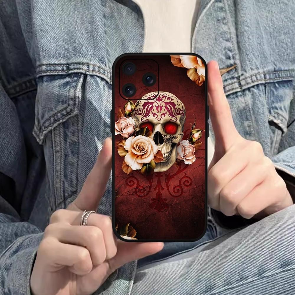 

Роскошный чехол для телефона с черепом и мертвыми цветами для iPhone Mini 11 12 13 14 15 Pro XS Max X Plus SE XR, черный мягкий корпус iPhone14ProMax