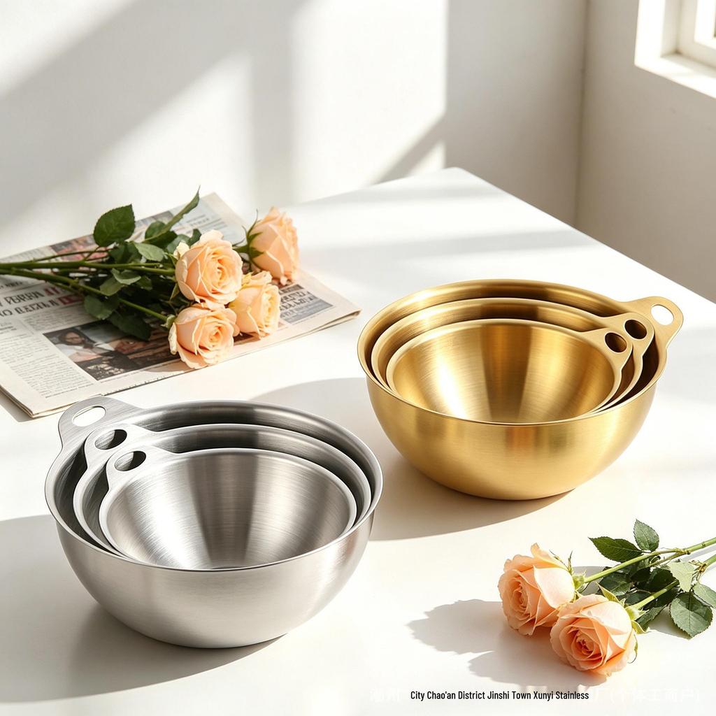 Bol en Acier Inoxydable Style Coréen avec Poignées pour la Cuisine, les Collations, le Kimchi, les Plats Froids et les Salades