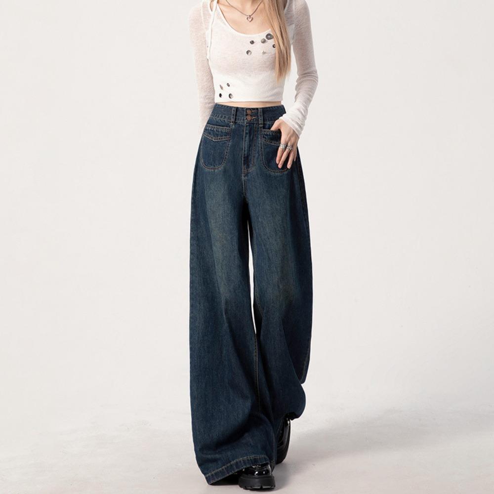 American retro wide-leg jeans spring and autumn washed high-waisted versatile small vertical straight mopping pants