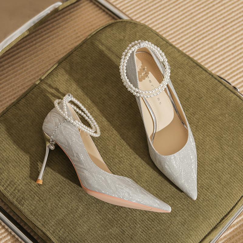 86108 Silver High Heels Women's Stiletto Spring 2025 New Pointed Crystal Wedding Shoes Pearl Strap Single Shoes