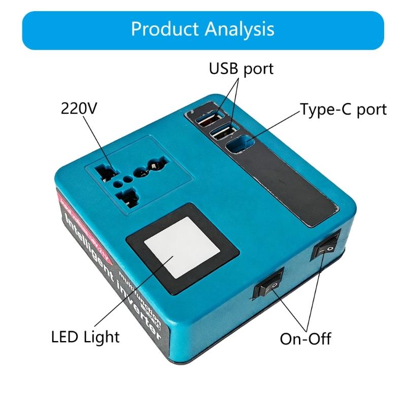 High Efficiency Power Inverter Converts 18V to 220V Includes LED Light Suitable for Outdoor Use with USB and Type C Port