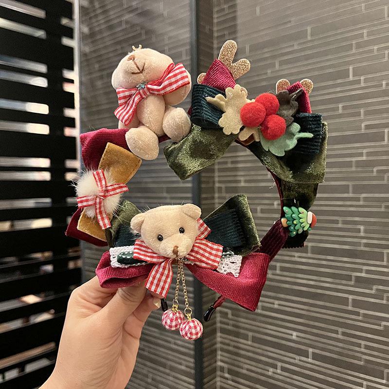 Vintage Christmas Bear Headband & Bow Clip Set: European-American Style Princess Hair Accessories