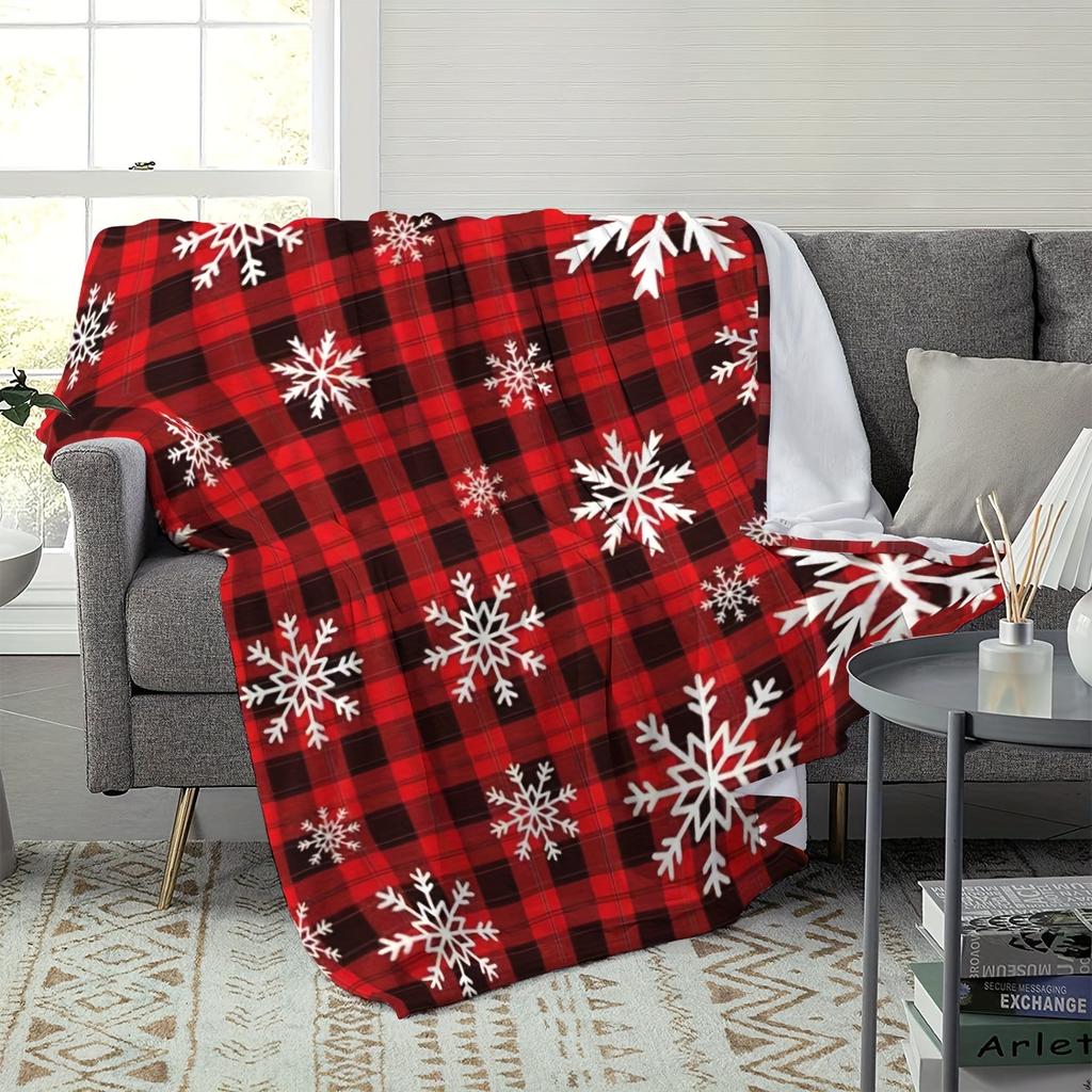 Red Black Plaid Snowflake Christmas Flannel Throw Blanket, Buffalo Plaid Snowflake Print Soft Warm Blanket for Sofa Bed Winter Xmas Decor