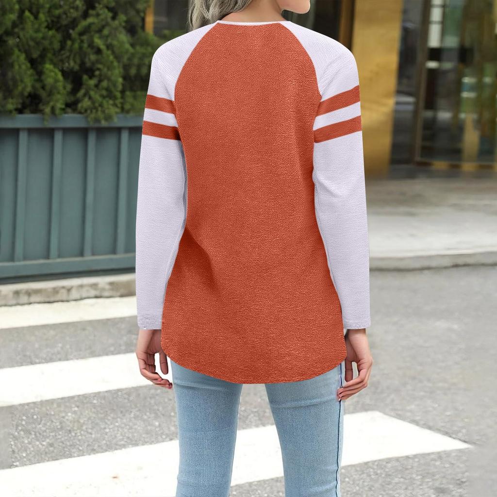 Top casual de damă la modă, cu mânecă lungă, cu dungi, cu gât rotund, colorblock