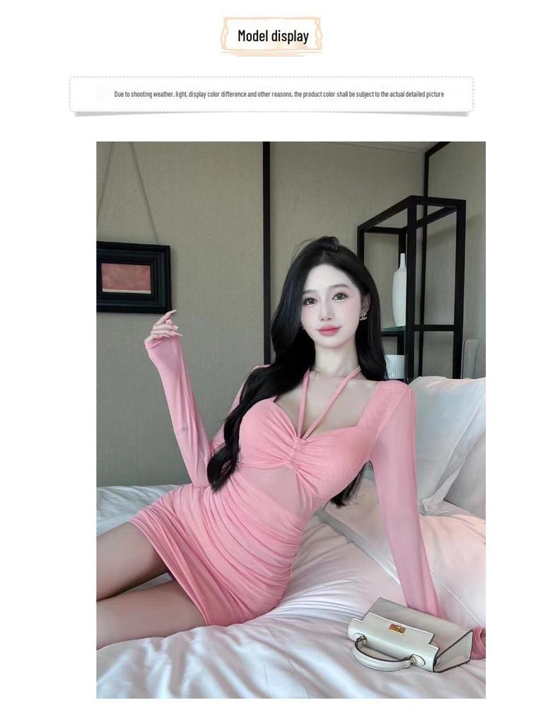 Sexy Lace-Up Mesh Dress - Square Neck, See-Through, Hip-Hugging Mini Skirt