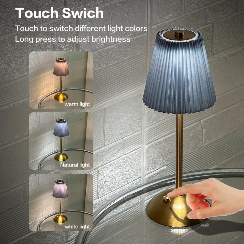 Cordless Table Lamp Small Night Light 3 Light Colors Simple Reading Light with Pleated Lampshade for Restaurant Bar Coffee Shop