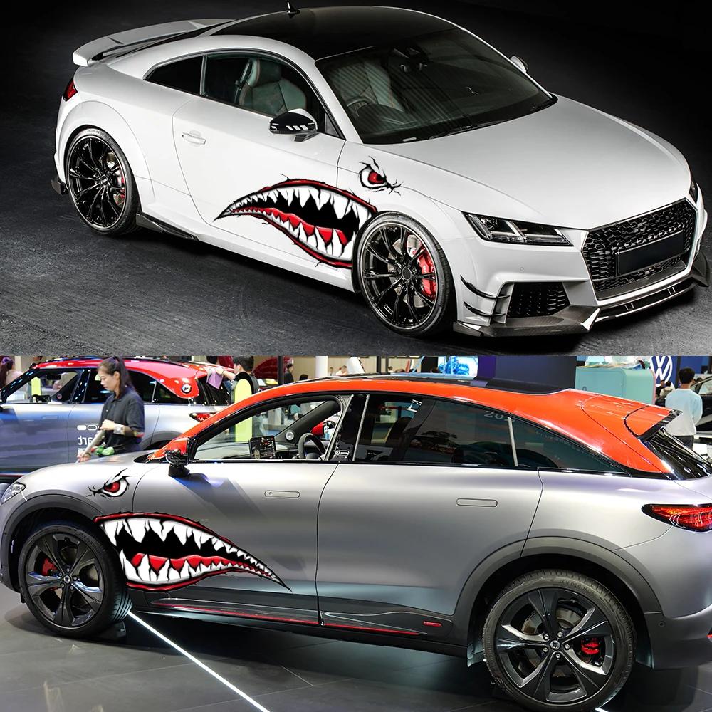2pcs Funny Cartoon Car Stickers Shark Mouth Tooth Teeth Stylish Fun Graphics PVC Waterproof Stylish Sticker for Car DIY Decals