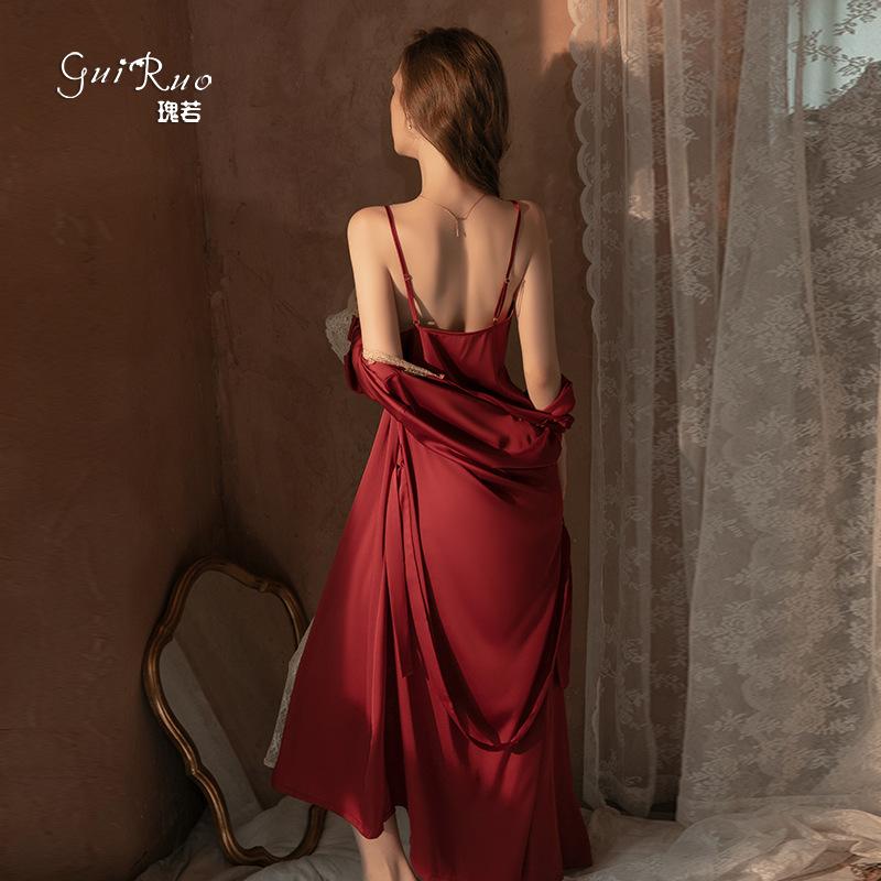 Women's Satin Lace Deep V Cami Shorts with Tie Long Robe Lounge Set