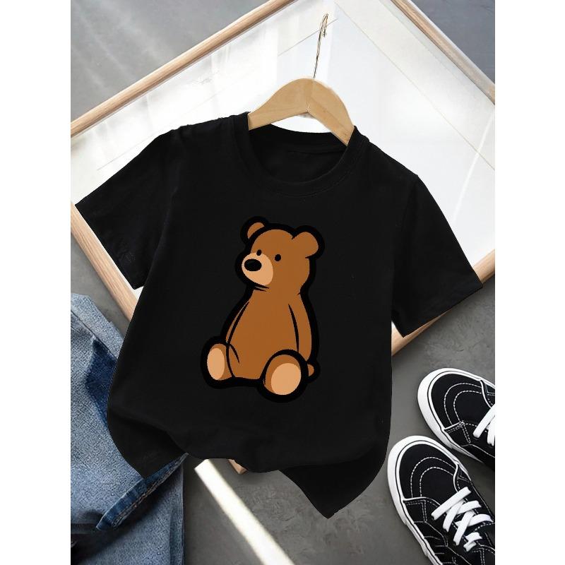 Kids Crewneck T-Shirt, Sitting Brown Teddy Bear Graphic Breathable Casual Summer Short Sleeve Top