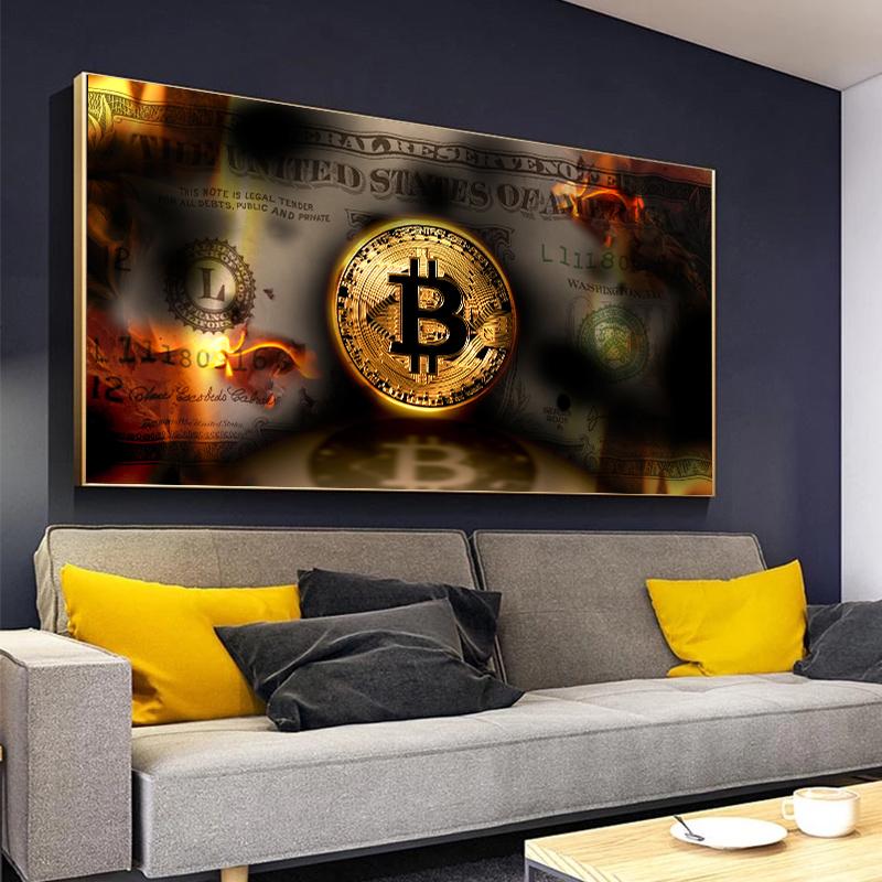 Abstract Burning Bitcoin Canvas Painting Money Dollar Poster and Prints Wall Art Pictures for Living Room Home Decoration
