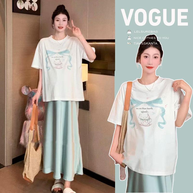 Summer Maternity Bowknot Rabbit Tee & Satin Fishtail Skirt Set XL
