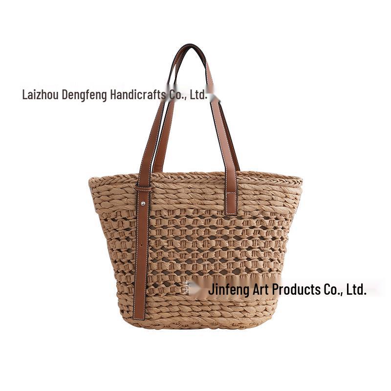 

Large Capacity Handmade Straw Rattan Beach Tote Shoulder Bag Khaki with Adjustable Strap and Lining