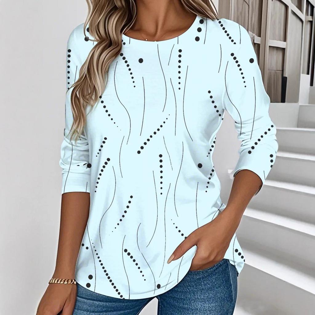 Lente en Herfst Ronde Hals 3D Abstracte Golf Stippen Bedrukte Top Modieuze Casual Lange Mouw Dames T-shirts