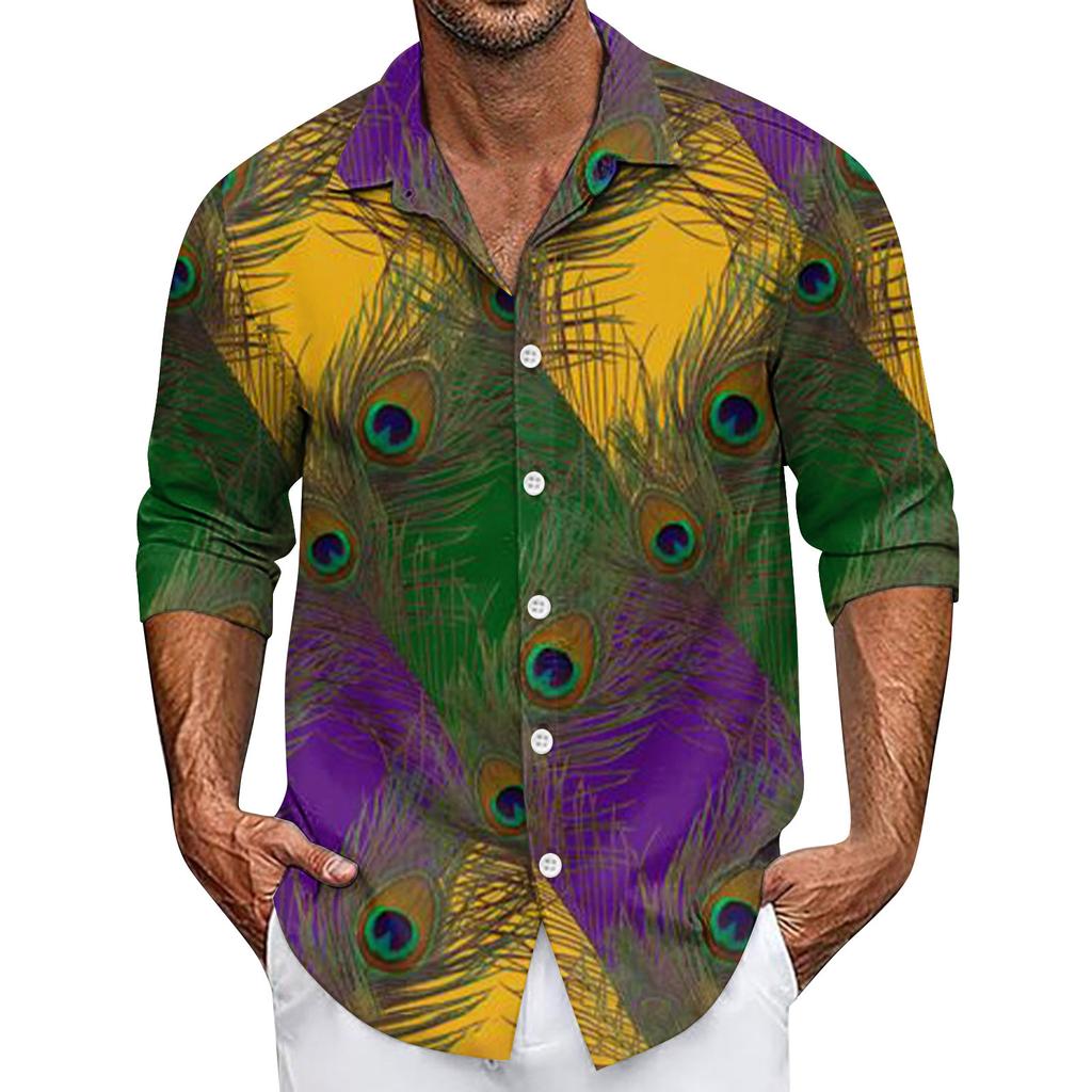 Men's Summer New Loose Print Long Sleeve Shirt Cardigan Beach Shirt