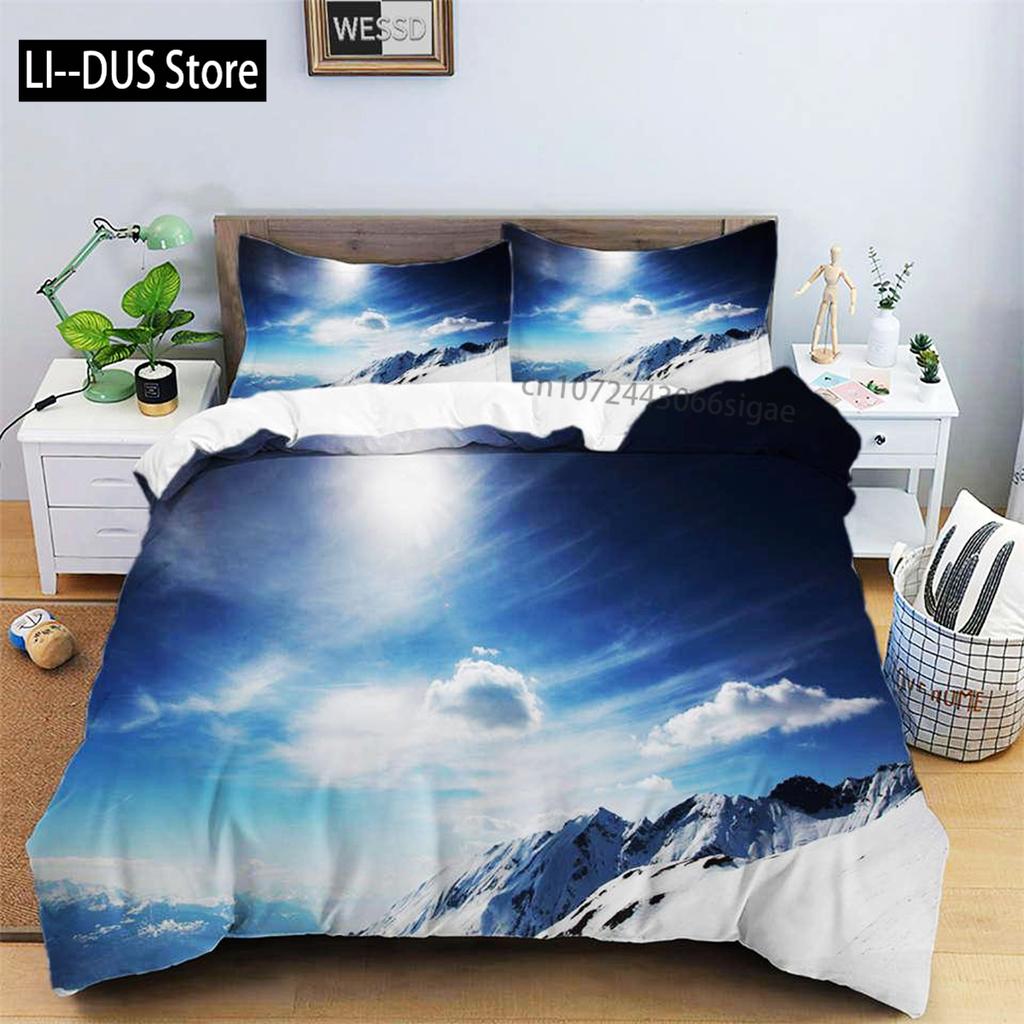 Snow Mountain Duvet Cover Set Polyester 3D Landscape Bedding Set For Teens Adults Ski Slope Winter Theme Queen Comforter Cover