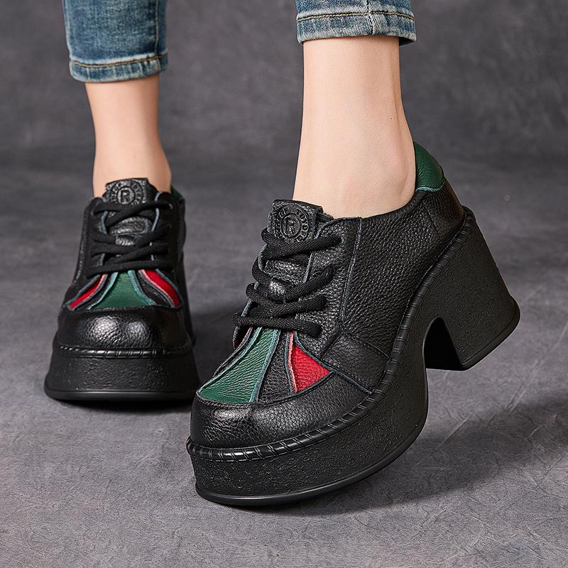 GKTINOO Retro High Heels Women Shoes Flat Platform 7cm Thick Heels Shoes Mixed Colors Genuine Leather Luxury Lace Up Shoes