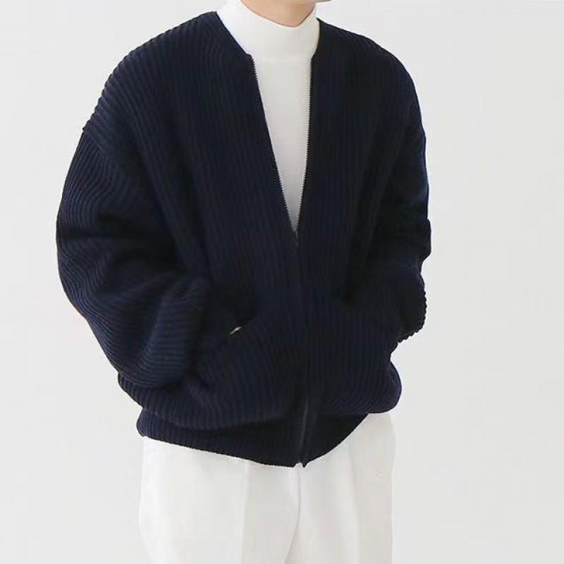 Mens Plain Knit Cardigan Sweater With Zipper Loose Fit Warm Casual Winter Wear
