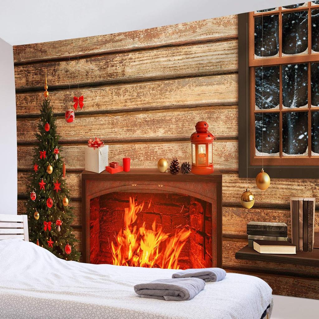 Christmas Studio Tapestry Wall Hanging Christmas Wooden Doors Windows Winter Snow Scene Xmas Trees Gifts Art Wall DecorChristmas
