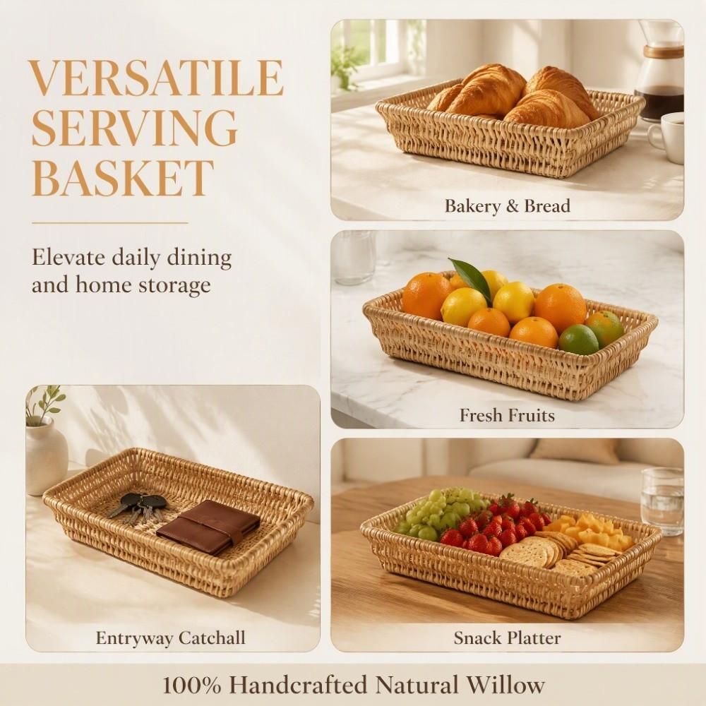 Rectangle Woven Serving Tray Wood Color Kitchen Storage Basket  For Candies and Biscuits