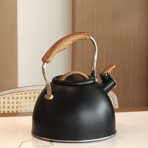 BDHD Whistling Kettle, Stainless Steel, Wide Mouth, with Wood Grain Handle and Touch Button, Large Capacity, Family-Friendly, Gas/IH Compatible, Cute