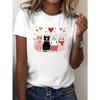 European Size Women'S Valentine'S Day Cat Print T-Shirt | Casual Round Neck Short Sleeve Top